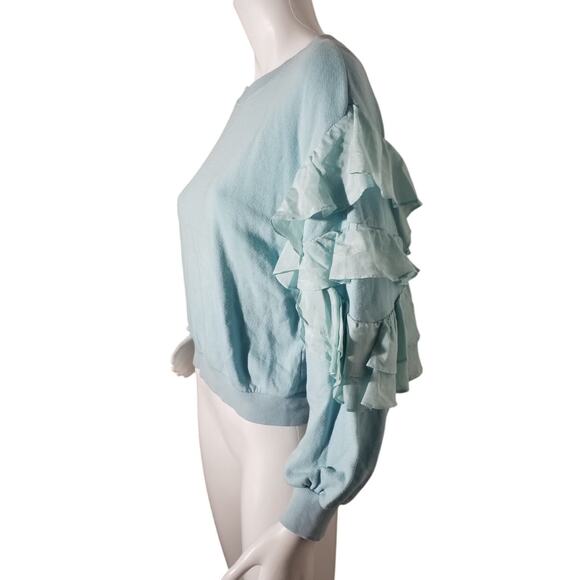 Alice + Olivia Womens Size Medium Sweater Crew Neck Blue Ruffle Pullover - Picture 4 of 7